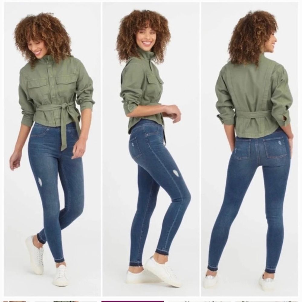 Spanx Distressed Ankle Skinny Jeans Raw Hem in Medium Wash Size Medium